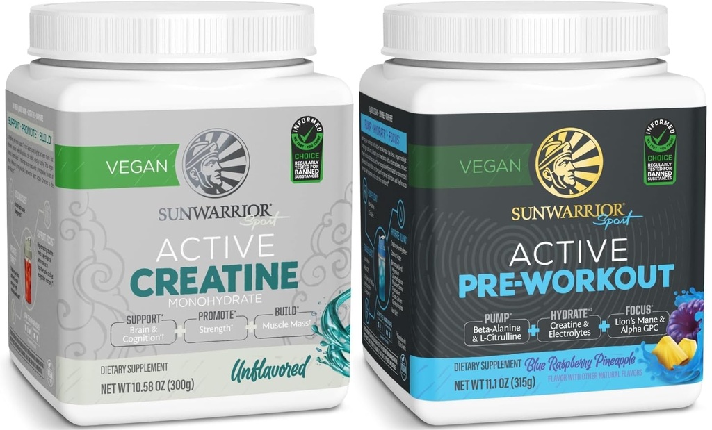 Active Preworkout Hydration Blend & Creatine Monohydrate Powder Set | Bundle & Save | Non-GMO Soy Dairy Filler & Gluten Free (60 Servings Unflavored Creatine, 30 Servings Blue Raspberry Pre Workout)