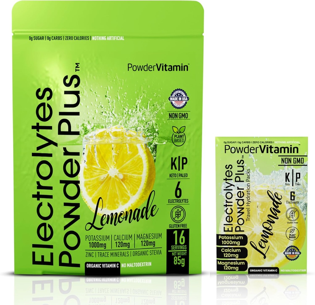 PowderVitamin Electrolytes Powder Plus, Keto, Lemonade, Sugar Free, Pink Himalayan Salt, 1000mg Potasio, 120mg Calcio, 120mg Magnesio, Non-GMO, Zero Calories, (16 Hydration Packets)