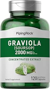 Piping Rock Graviola Soursop Capsules Silencio 2000 mg  vírgenes 120 Conde Silencio Leaf Suplemento Silencio Concentrado Herbal Fruit Extract Silencio No GMO, Gluten Free