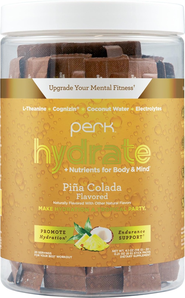 Perk Hydrate Electrolyte Stickpacks (Pina Colada) 20 Packets - Coconut Water, CDP-Choline, L-Theanine, Gluten-Free, Keto Friendly, Vegan