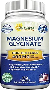 aSquared Nutrition Magnesium Glycinate 400mg - 180 Tablets - Max Strength Magnesium Bisglycinate Supplement -Maximum Bioavailability & Absorption-Non-GMO -No Buffered-Supports Muscles, Bones & Heart