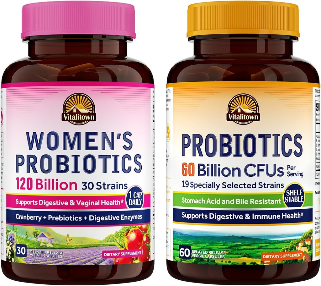 Vitalitown Probiotic Bundle (Pack of 2) ← Probiotics de las mujeres 120 Billion (Item 1) " Probiotics 60 Billion (Item 2) tención Shelf Stable ¦