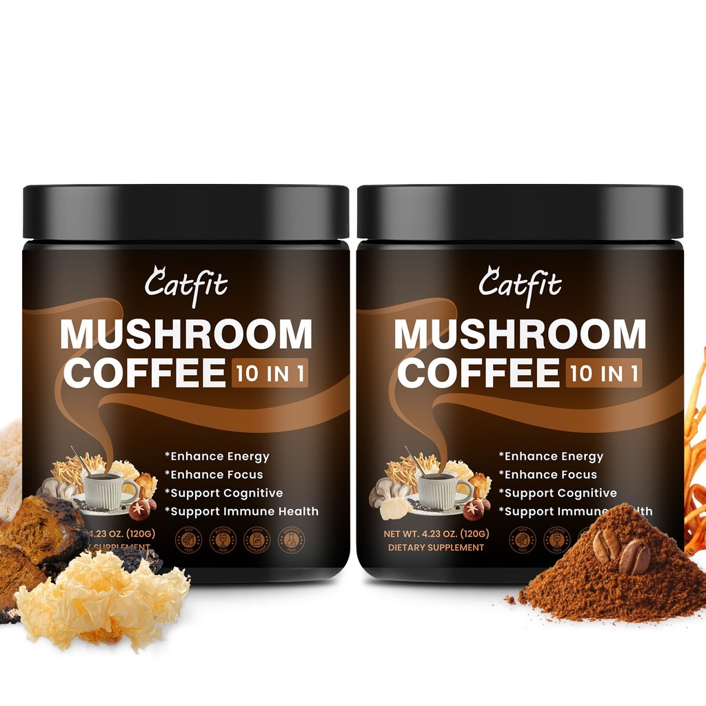 Catfit Instant Mushroom Coffee Powder, 10-in-1 Adaptogen Blend with Lion's Mane, Chaga & Cordyceps for Energy, Focus, Gut Health & Immune Support - 240g, 75 Servings