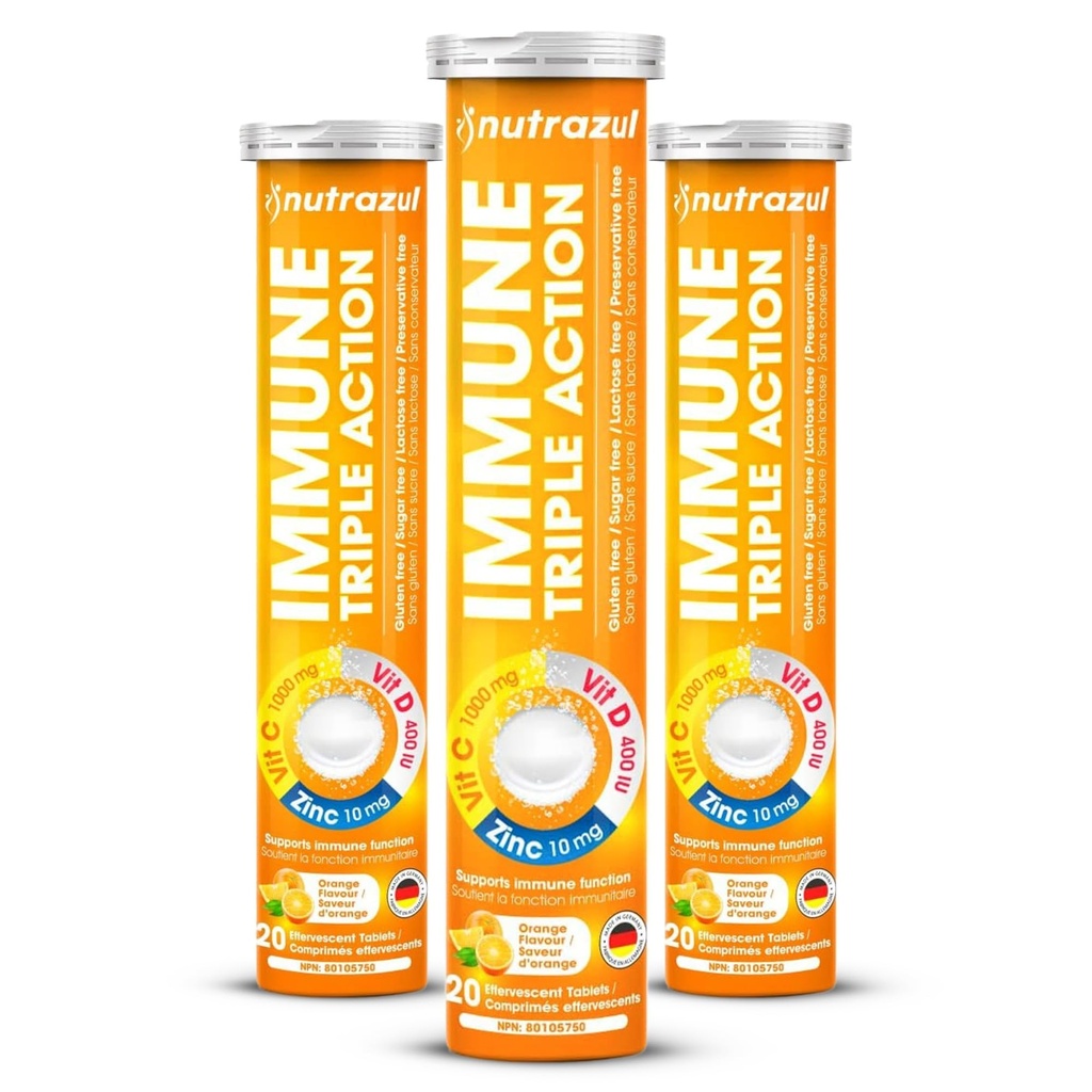 nutrazul Immune Triple Action Effervescent Tablet-1000 mg Vitamina C, Vitamina D, Zinc I Orange 20's (Pack of 3) I Gluten Free, Sugar Free, Lactose Free &amp; Preservative Free I Maintains Immune Function