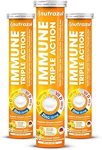 nutrazul Immune Triple Action Effervescent Tablet-1000 mg Vitamina C, Vitamina D, Zinc I Orange 20's (Pack of 3) I Gluten Free, Sugar Free, Lactose Free &amp; Preservative Free I Maintains Immune Function