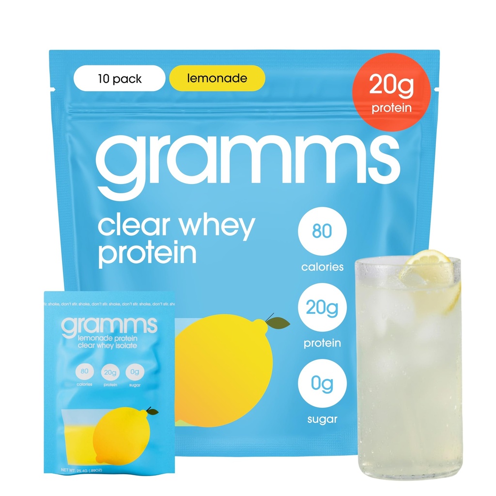 GRAMMS Clear Protein Powder Packets 20G Protein for Women & Men & Lactose Free, Grass-Fed Whey Isolate, Gluten Free, Zero Sugar, Gut Friendly, Non-Bloating (Lemonade-10 Servings)