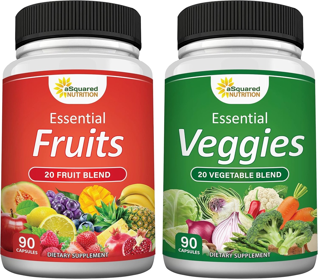 ASquared Nutrition Fruits and Veggies Supplement - 90 Veggie & 90 Fruit Capsules - Superfood Vegetable Greens Vitaminas Pills - Nature's Super Food Alternative to Powder & Gummies