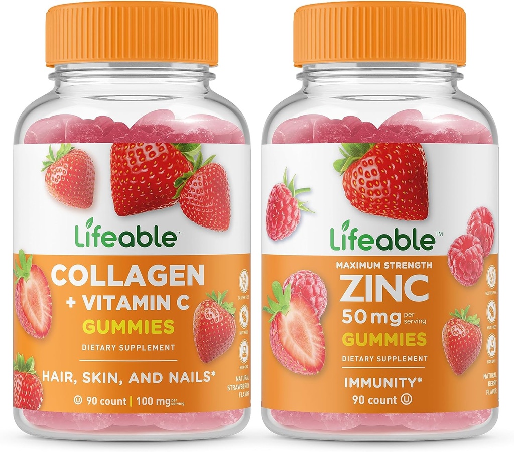 Lifeable Collagen &amp; Vitamina C + Zinc 50mg, Gummies Bundle - Gran Tasting, Suplemento de vitamina, Gluten Gratis, GMO Gratis, Chewable Gummy