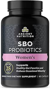 Probióticos de nutrición antiguos para mujeres, Probióticos SBO Apoyo a las mujeres 60ct, Digestivo e Inmunitario, Alivio de Bloating para las mujeres, Libre de gluten, Superfoods Blend, 25 Billion CFUs*