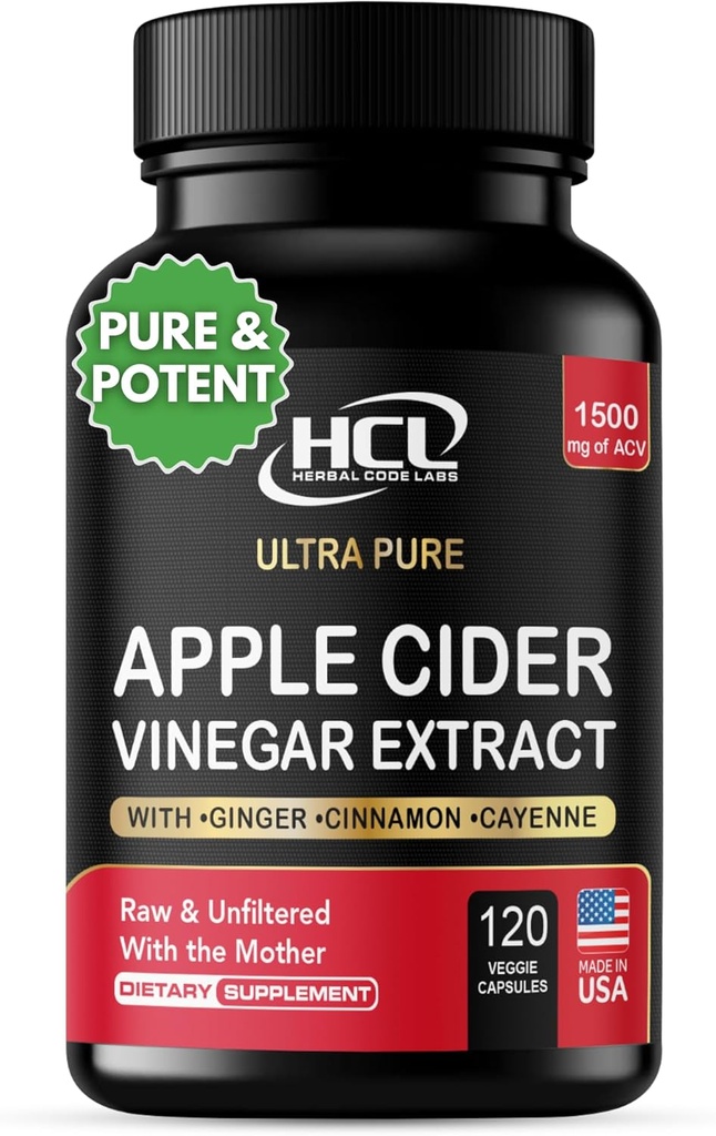 Apple Cider Vinegar Capsules 1500 mg Extract with The Mother - Extra Strength Raw Apple Cider Pills w Ginger Cayenne Cinnamon - Natural Detox Potent Digestion Cleansing System ACV Supplement