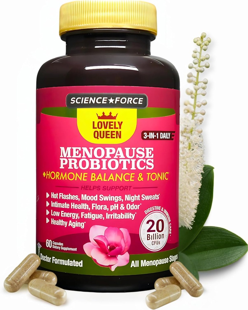 Lovely Menopause Suplemento + Equilibrio hormonal + Manejo de peso, Flashes calientes, Mood Swings, Vaginal Health " Dryness " Black Cohosh, Dong Quai, Ashwagandha + Probiotics, Woman Supplement, 60 ct