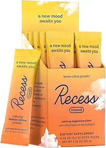Recess Mood Powder, Calming Magnesium L-Threonate Blend with Passion Flower, L-Theanine, Electrolytes, Magnesium Calm Support Powder Supplement - Lemon Citrus Pack of 10