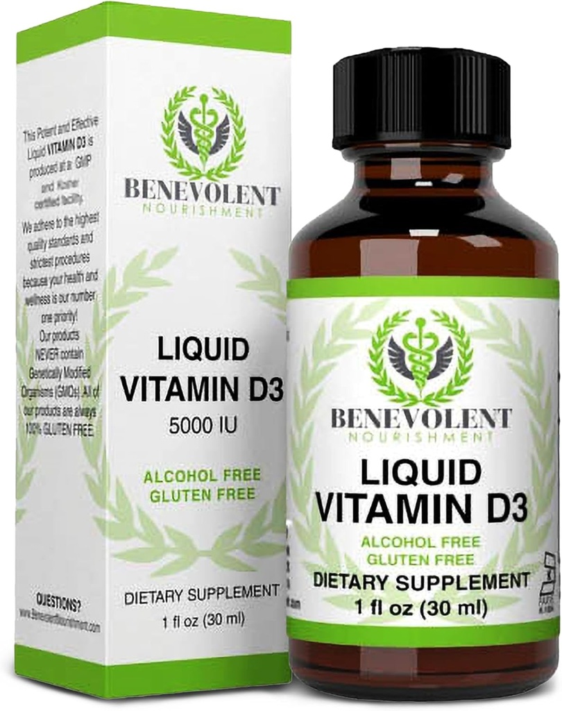 Nourishment Benevolent Vitamina D3 Suelta 5000 UI - Potente " Efectiva 1000 UI por gota - Suplemento dietético líquido de absorción rápida - 100% alcohol " Gluten Free
