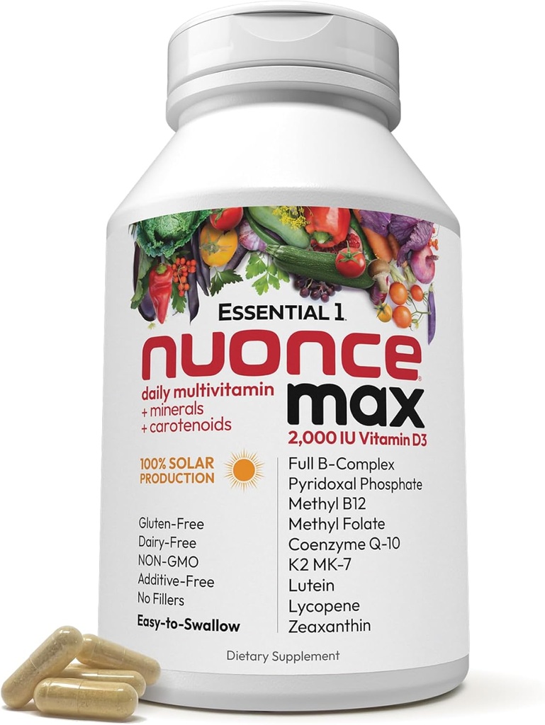 ANDREW LESSMAN Essential-1 nuonce max Multivitamin 2000 UI Vitamin D3 360 cápsulas pequeñas. 100 mcg Methyl B12. CoQ10 Lutein Lycopene Zeaxanthin. High Potency. Sin aditivos. Ultra-Mild One Daily Capsule