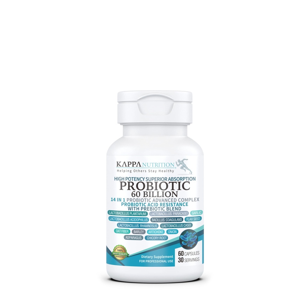 KAPPA NUTRITION Probiotic 60 Billion CFU 14 in 1 Formula with Prebiotics & Acidophilus for Women, Men & Adults, Shelf Stable, Acid Resistant, Natural Supplement 60 Capsules.