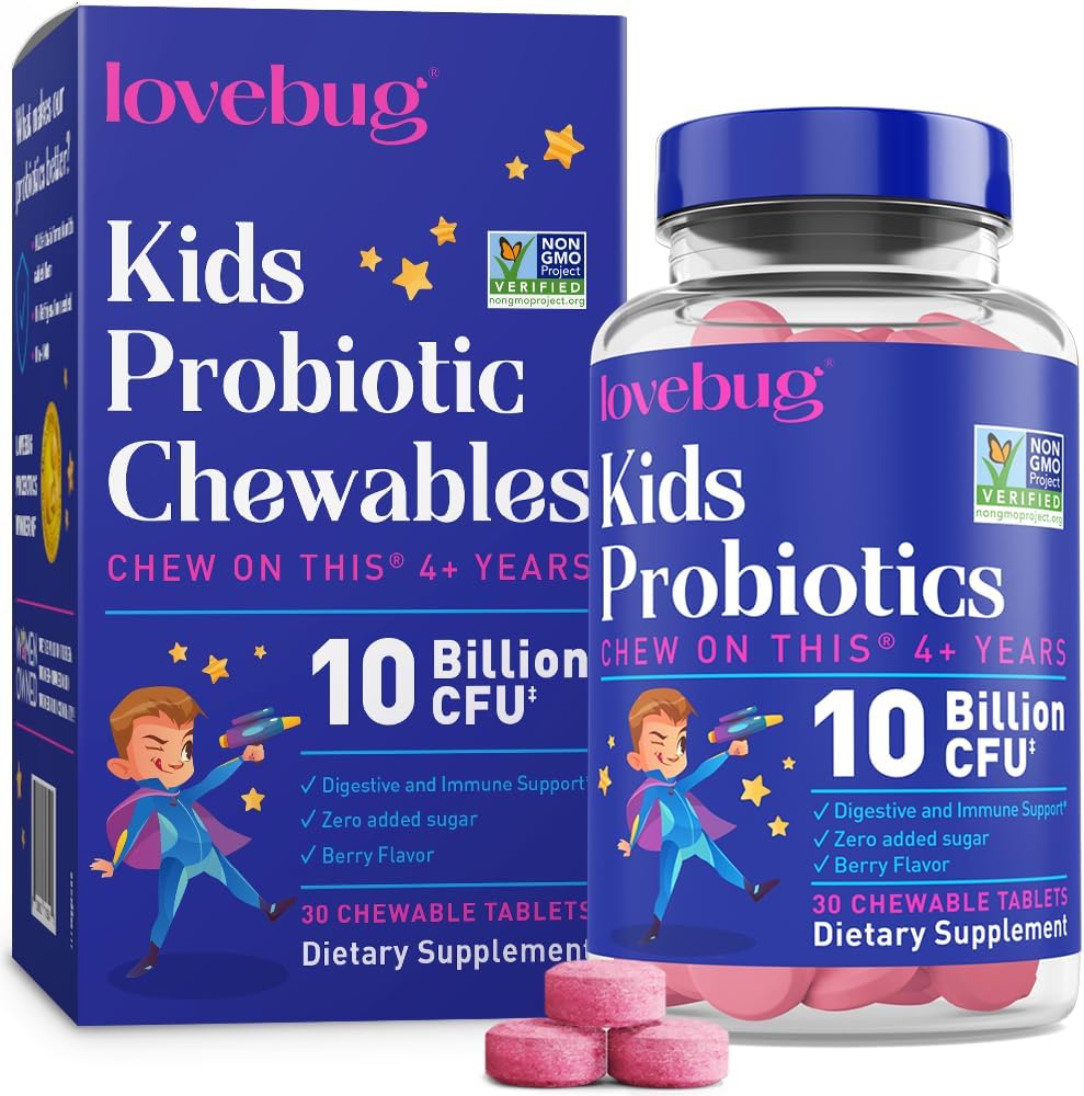 LOVEBUG Probióticos para niños – Probióticos Chewables con fibra prebiótica para la edad 4+,Daily Children's Gut Health &amp; Digestive Support Suplemento, Sugar-Free Berry Flavor, 30 Cuenta