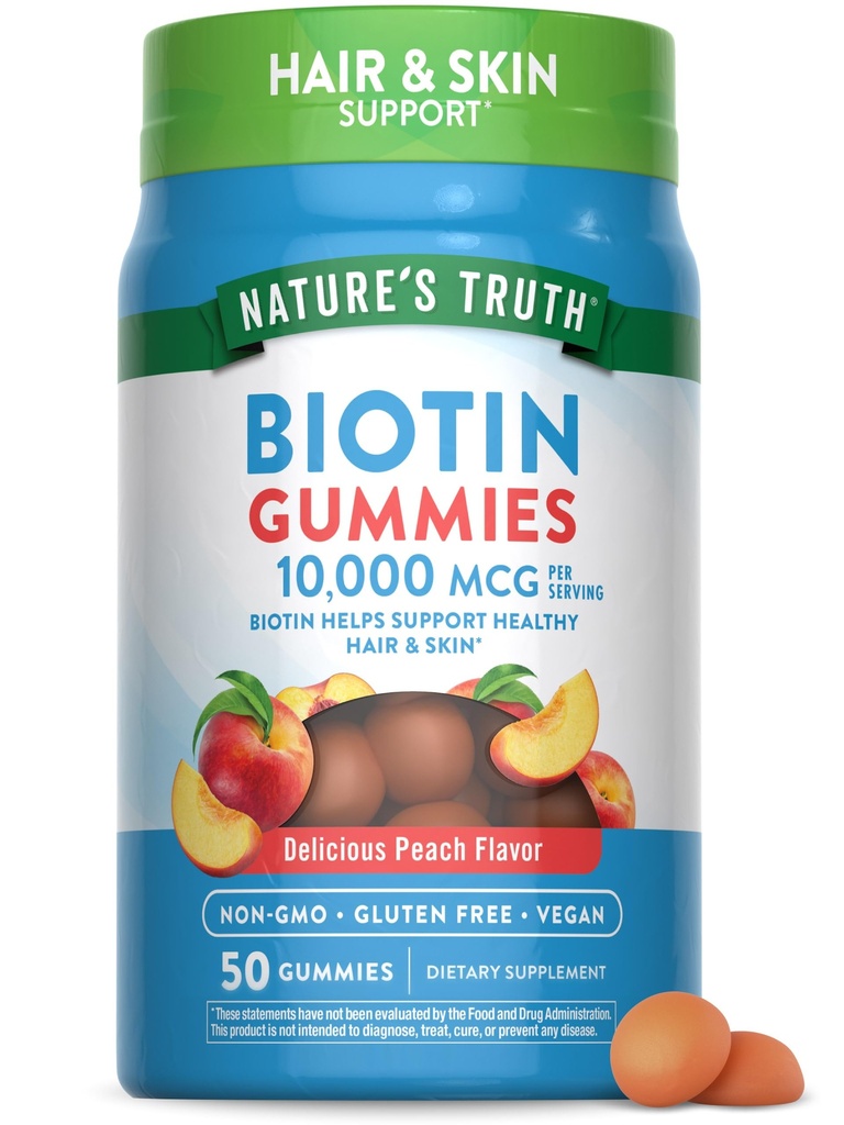 Nature's Truth Biotin Gummies | 10000mcg | 50 Count | Vegan, Non-GMO & Gluten Free Supplement | Peach Flavor