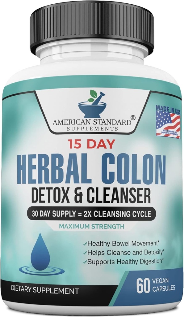 American Standard Supplements Colon Cleanse - 60 Veggie Capsules, 30 Servings – Herbal Blend con Psyllium Husk, Senna Leaves, Aloe Vera, Ginger, Cascara Sagrada &amp; More
