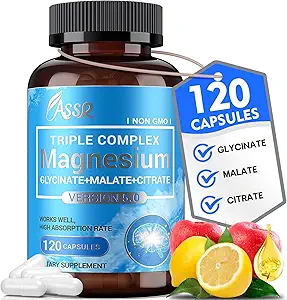 ASSR Complejo de Magnesio Triple – Suplemento de magnesio de 300 mg con Glycinate, Malate " Citrato – Apoyo Relajación, Función del musculo " - Alta Absorción, Vegan, No OGM, 120 cápsulas
