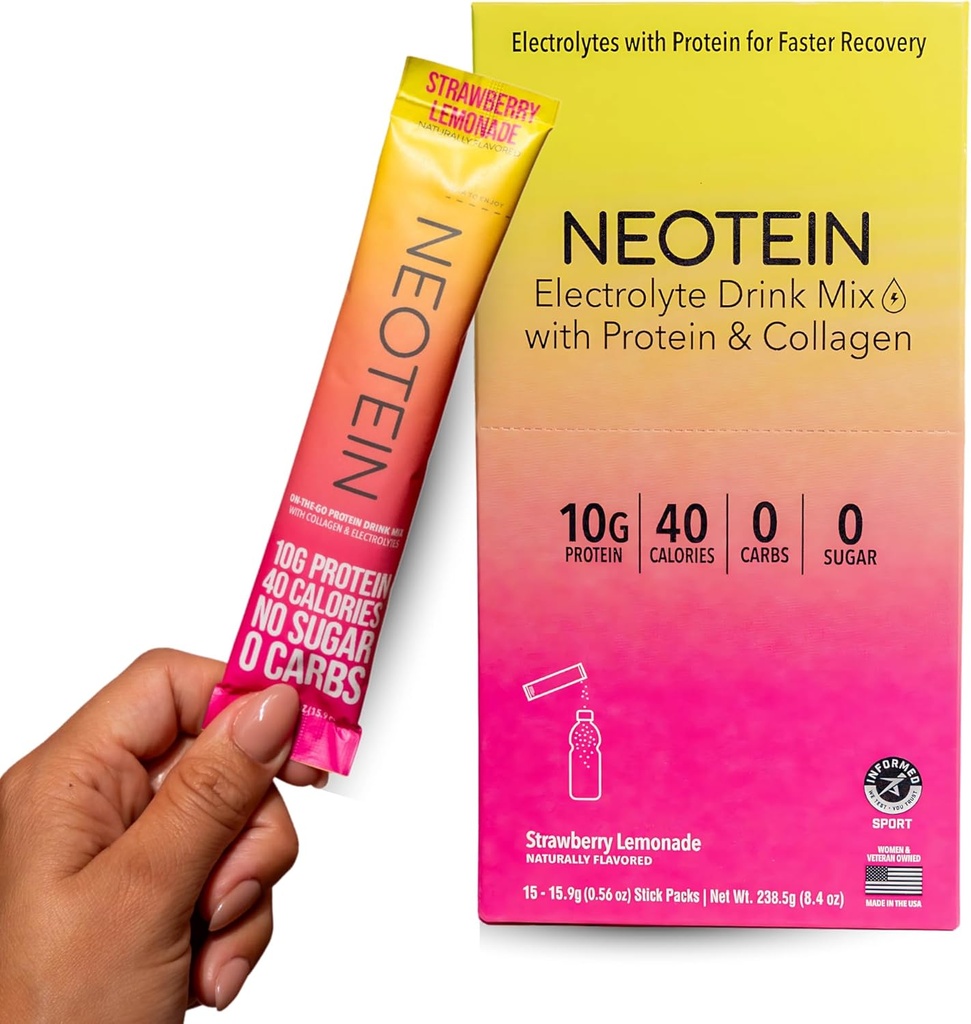 NEOTEIN: Electrolyte Powder Packets, Protein Powder with 10g Protein & Collagen | Hydration Packets - Zero Sugar, NO Fillers, NO Carbs | Strawberry Lemonade | 40 Calories | Keto & Paleo | Pack of 15