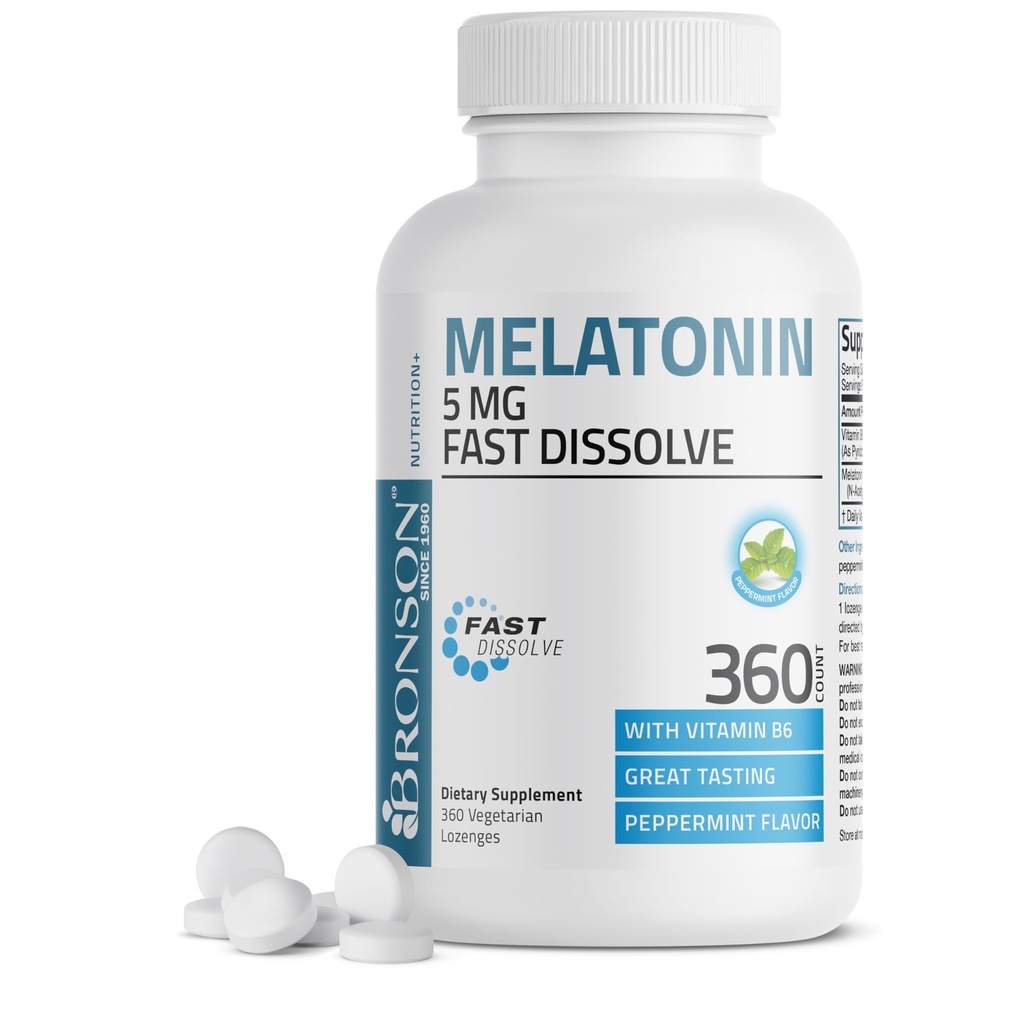 Bronson Melatonin 5mg Fast Dissolve Peppermint Tablets with Vitamin B6 - Promotes Relaxation, 360 Vegetarian Chewable Lozenges
