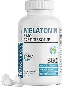 Melatonina Bronson 5mg Tablas de menta de disuelve rápido con vitamina B6 - Promueve la relajación, 360 Lozenges Chewable vegetarianos