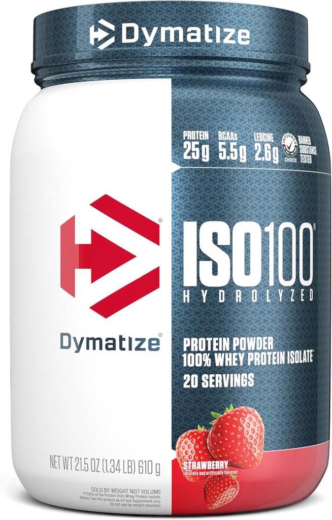 Dymatize ISO100 Whey Protein Powder Isolate, Strawberry, 25g de Protein, 5.5g BCAAs, Menos Than 120 Cal., Gluten Free, 1g Fat, 1g Sugar, 2g Carb (20 Servings)