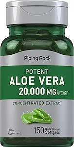 Piping Rock Aloe Vera Capsules 20000mg TEN 150 Softgels TENCIÓN Concentrado Extracto Suplemento Silencio No GMO, Gluten Free