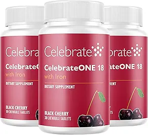 Celebrar Vitaminas Celebrar UNA 18 Chewables, 18 mg de hierro - Una vez Bariatric Multivitamínico, Vitaminas Esenciales & Minerales - Gastric Bypass &amp; Sleeve Gastrectomy Suplemento - Cereza Negra (90 Tabletas)