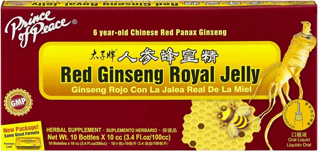 Prince Of Peace Red Ginseng Royal Jelly, 10 Bottles, 0.34 fl. oz. Cada â € " Energy Boosting Suplemento â € " Ginseng Shots to Go â€ " Support The Bodyâ€TMs Energy System, 0.34 Fl Oz (Pack of 10)