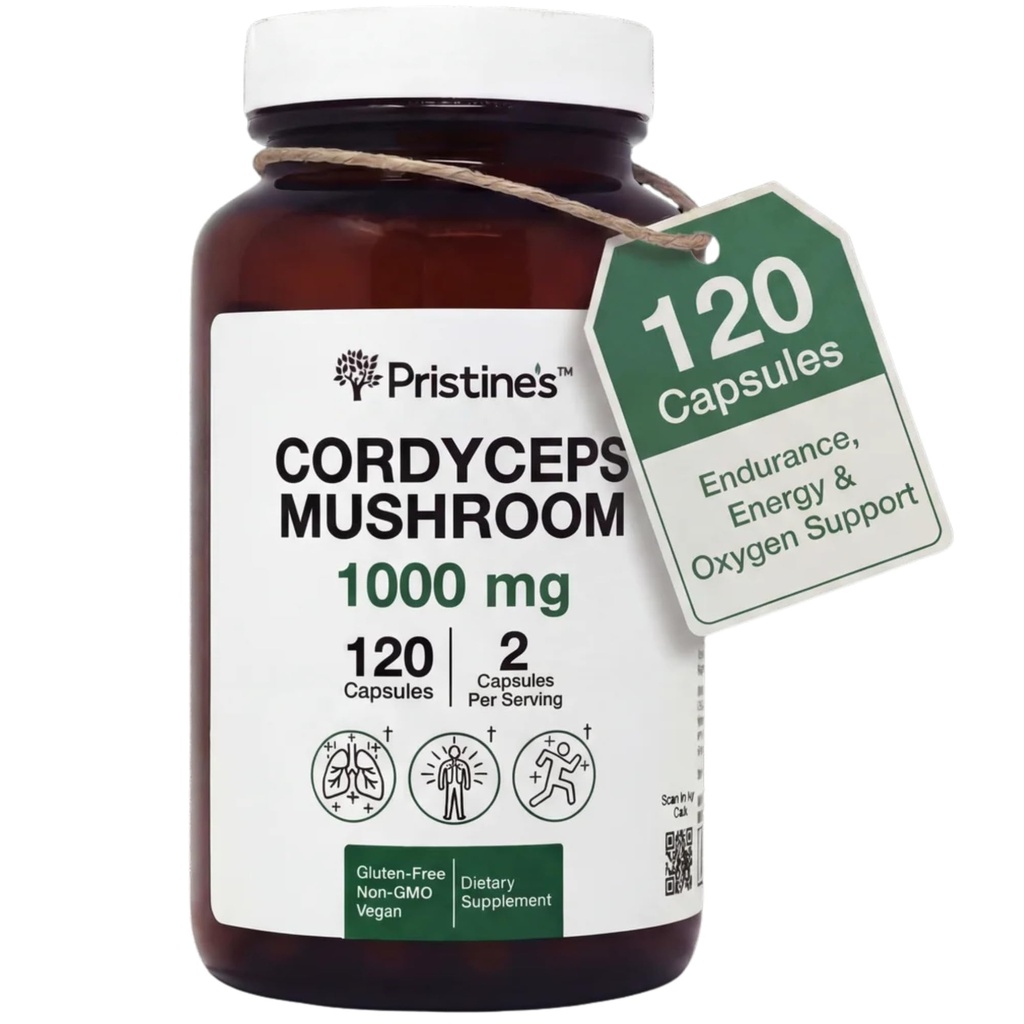 PriSTINE'S Cordyceps Mushroom Capsules - 60 Day Supply 1000 MG - Athletic Performance, Endurance & Immunity Adaptogen Supplement - Anti Aging Support Antioxidant