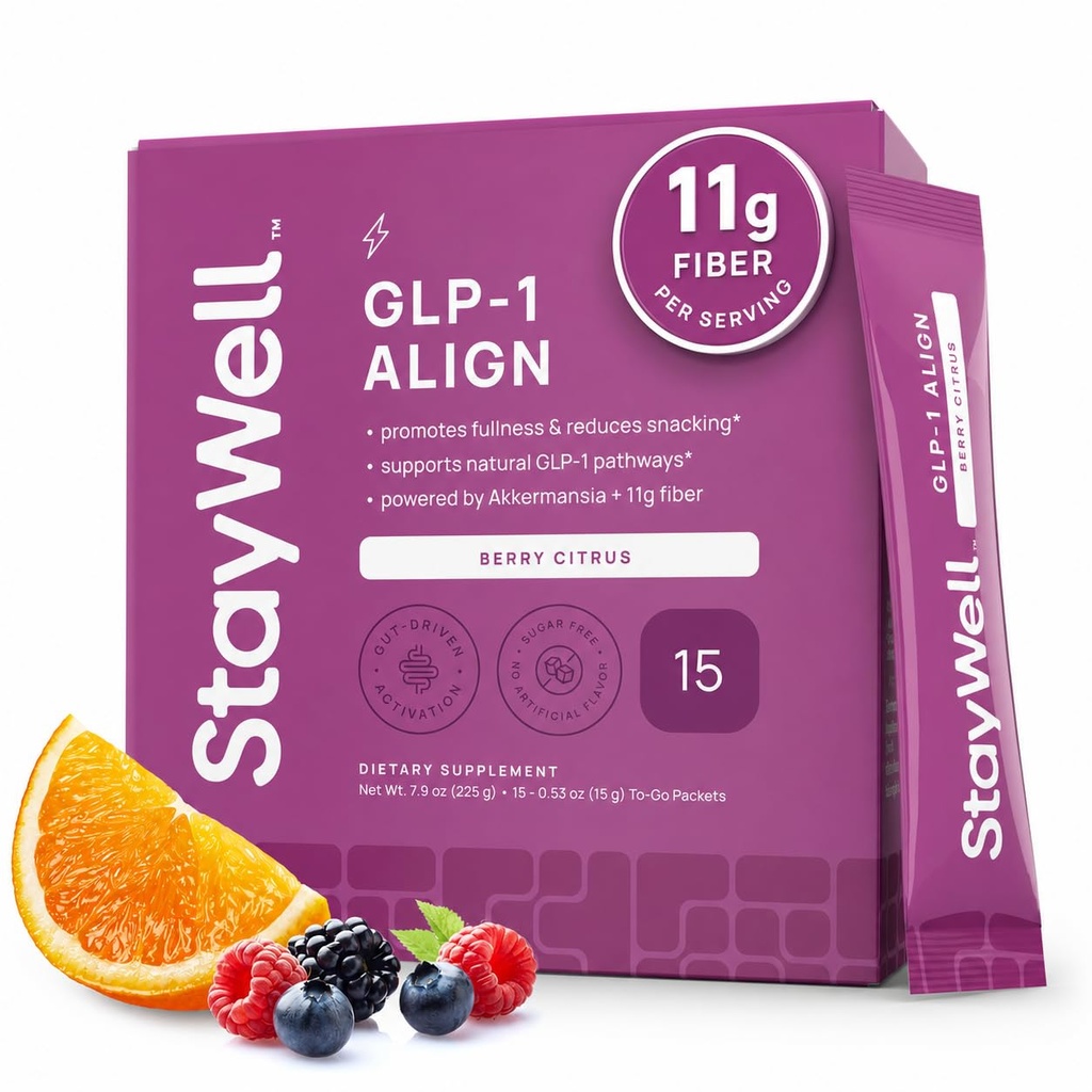 Stay-Well Naturals GLP-1 Probiotic | Akkermansia GLP-1 Supplement, Fiber GLP 1 Booster | Probiotic and Fiber Support with Inulin, Psyllium PHGG, and Soothing Ginger Extract - Berry Citrus 15 Ct.