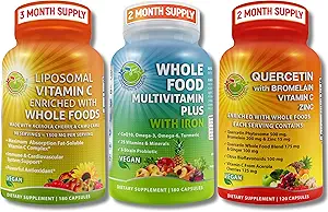 SUPPLEMENTOS STUDIO Vegan Immune, Energy & Whole Body Support Bundle – Vegan Whole Food Multivitamin with Iron + Liposomal Vitamin C 1500mg + Quercetin with Bromelain, Zinc, and Vitamin C – Non-GMO