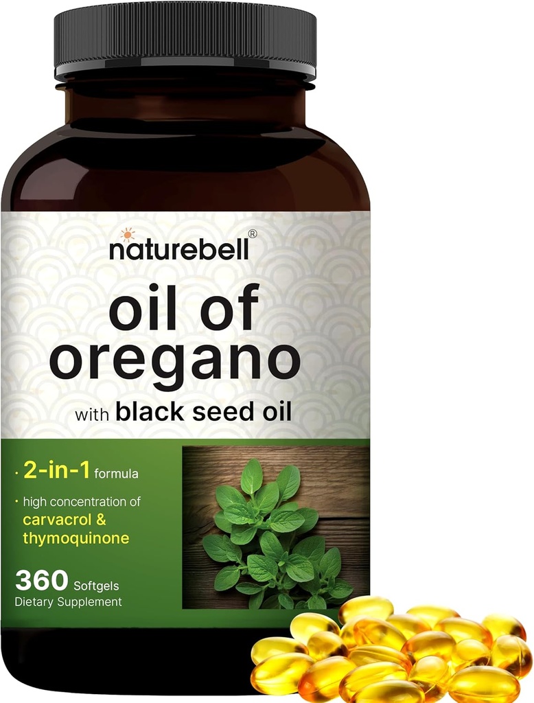 NatureBell Oregano Oil with Black Seed Oil, 360 Softgels ← Aceites Esenciales de Suministro de 360 días para la Salud Inmuna ← Retiene Carvacrol Alto Concentrado & Thymoquinone – Non-GMO
