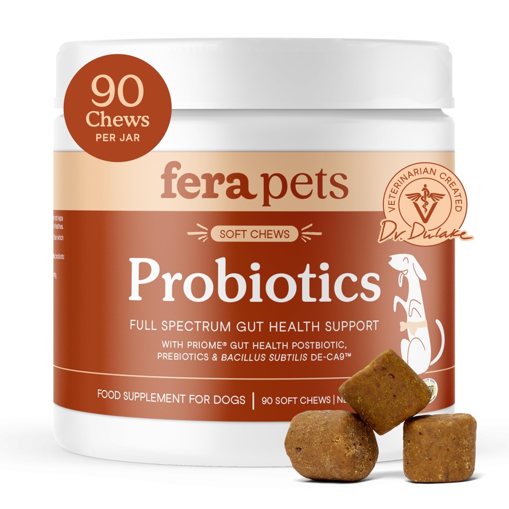 Fera Pets Probiotics for Dogs with Prebiotics and Postbiotics - Full Spectrum Gut Health Support - Promotes a Balanced Gut Microbiome - Boosts Immune Health - 90 Soft Chews