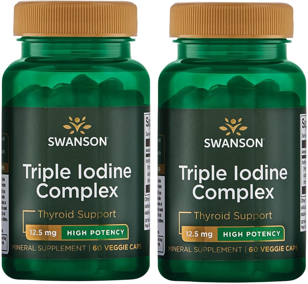 Swanson Triple Iodine Complex-Natural Supplement for Vital Thyroid Support-Promotes Función metabólica, Aumento de la producción de células rojas de sangre, & Heart Health-(60 Veggie Capsules, 12.5 mg cada uno) 2 Pack