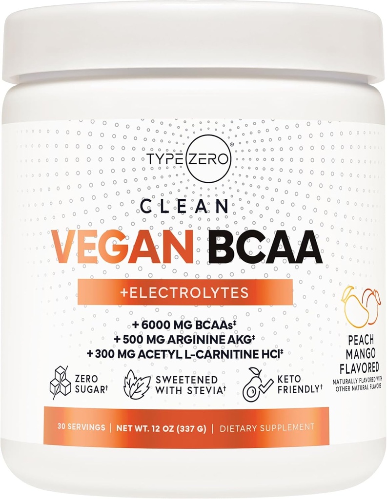 Ultra Clean Vegan BCAA Powder + Electrolytes (Peach Mango tención 6G) 2:1 Sugar-Free/No Sucralose BCAAs Aminoácidos Suplemento para Mujeres/Men - Mejor BCAA Vegan Aminoácidos Después Post Workout Recuperación Bebida