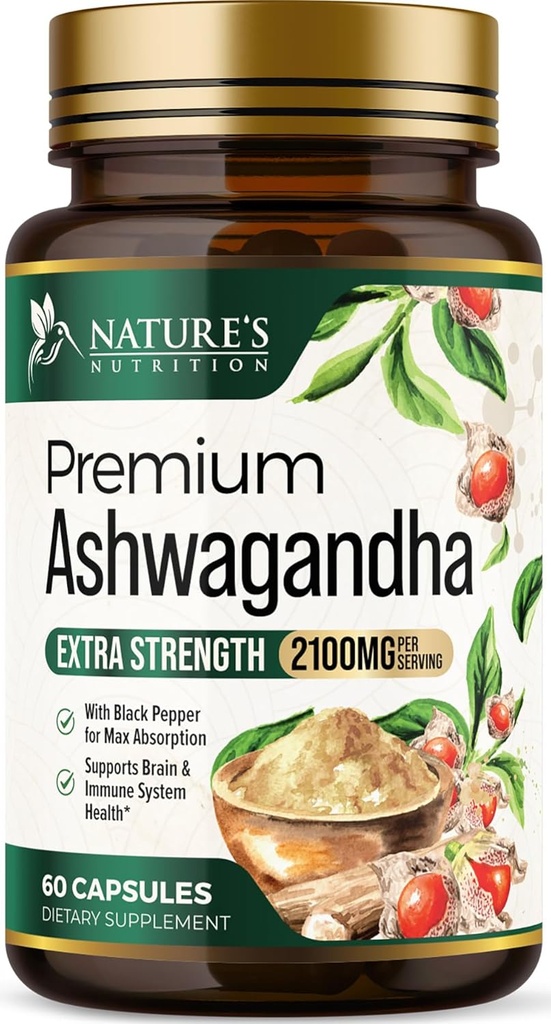 Ashwagandha Supplements - 2100mg Ashwagandha Capsule for Women & Men, Natural Antioxidant Support, Ashwa Root Extract, Extra Strength Calm Support with Black Pepper, Vegan & Gluten Free - 60 Capsules