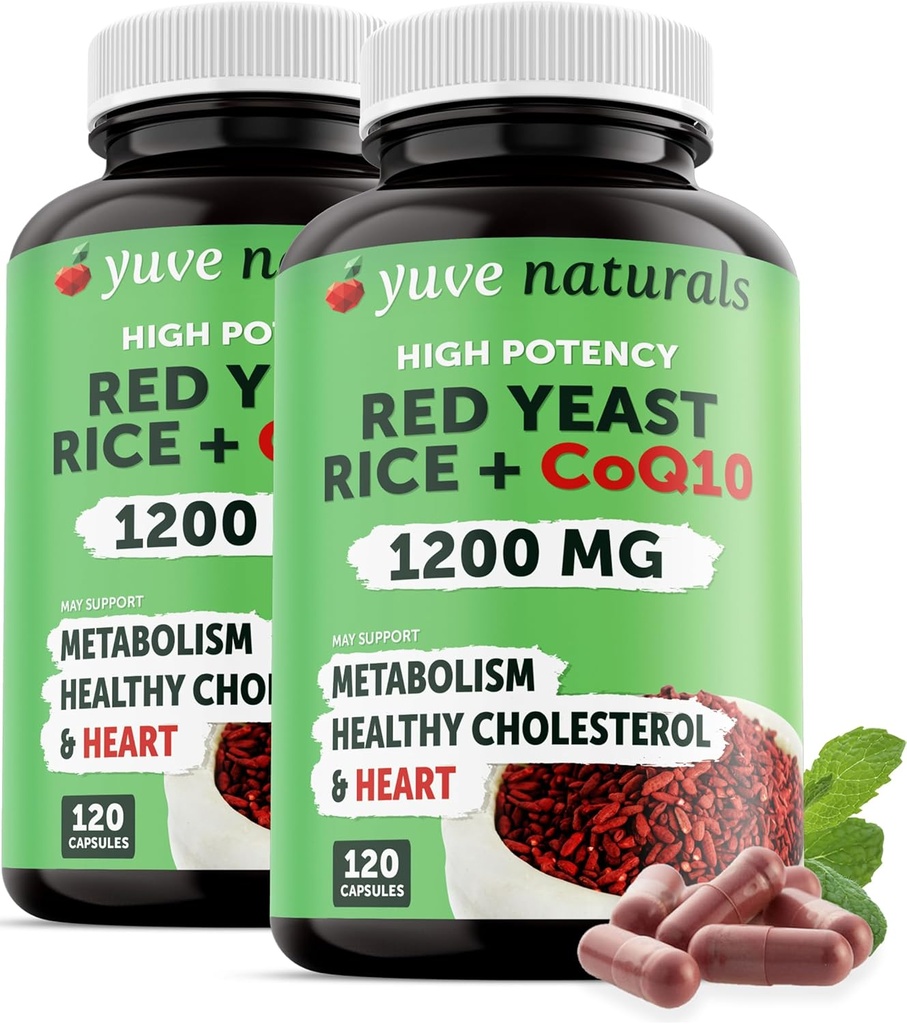 Levadura roja arroz 1200 mg cápsulas con CoQ10 - Mantener niveles saludables de colesterol, Herbal Heart Health Vegan rojo levadura suplemento - Levadura de arroz rojo con CoQ10 para hombres de mujer - 120 Ct (2-Pack)