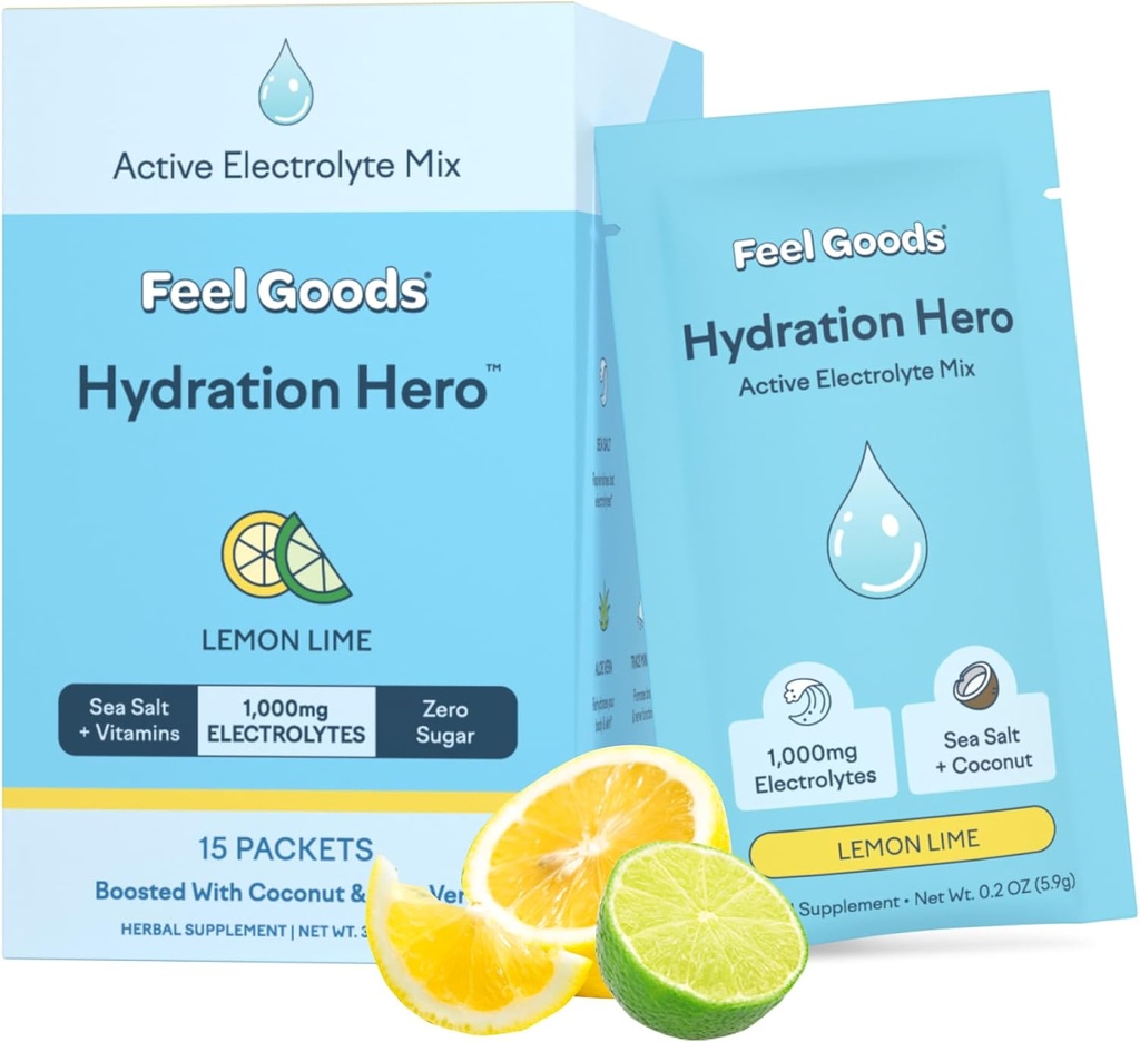 Siente los bienes Hidratación Héroe, 1000 mg Electrolitos Polvo, Azúcar Libre, Magnesio, Aloe Ecológico Vera, L Theanine, Vitamina C & B12, No GMO, Keto, Vegan, Packets Electrolyte ← Lime Lemon, 15 Con