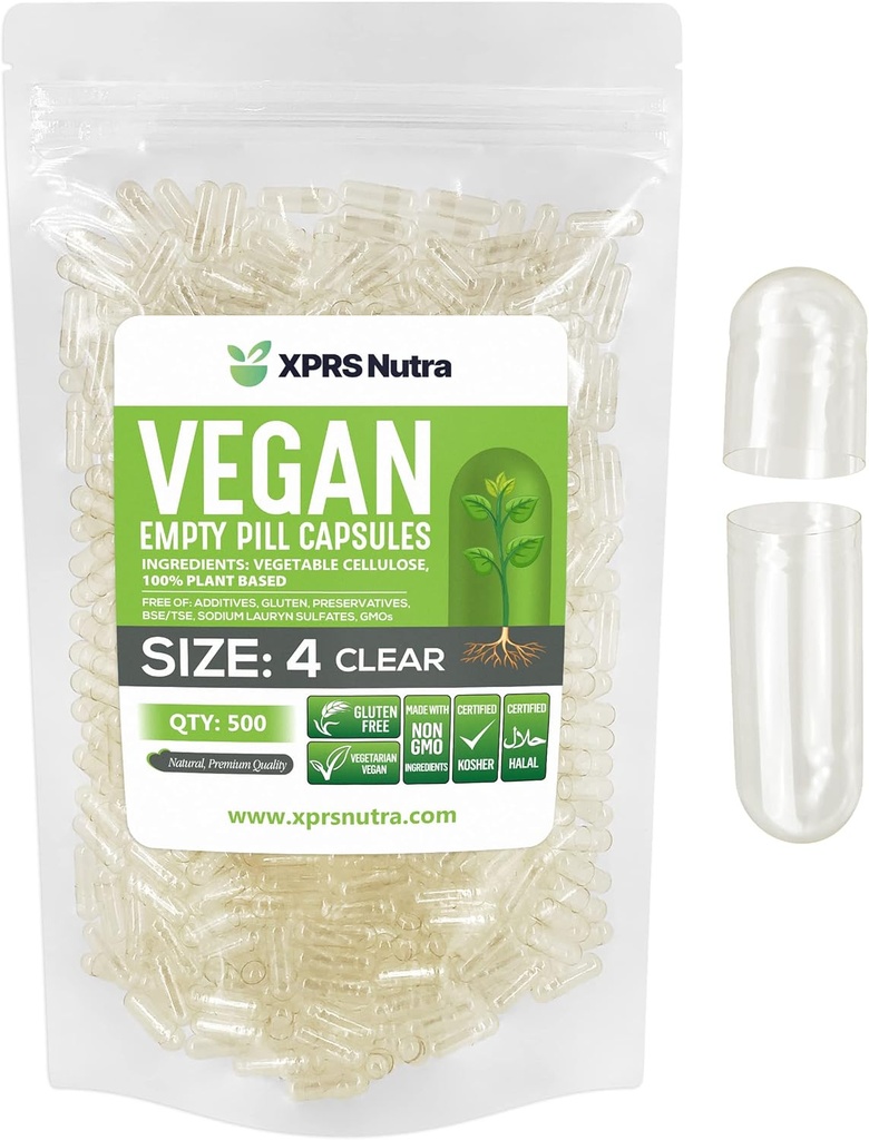 XPRS Nutra Size 4 Empty Capsules - 500 Cuentas Clear Small Empty Vegan Capsules - DIY Vegetable Capsule Filling - Fillable Do-It-youself Veggie Pill Caps for Supplements