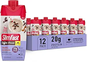 SlimFast Protein Shake with Caffeine, Caramel Macchiato- 20g Protein, Meal Replacement Shakes, High Protein with Low Carb and Low Sugar, 24 Vitaminas y Minerales, 12 Conde (Pack of 1)