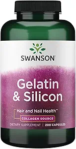 Swanson Gelatina y Silicio - Proteínas de Collagen Apoyo al cabello y uñas saludables - Ayuda a ofrecer minerales vitales para uñas fuertes y cabello grueso - Silicio de 20 mg y Gelatina de 1,08 gramos - (200 cápsulas)