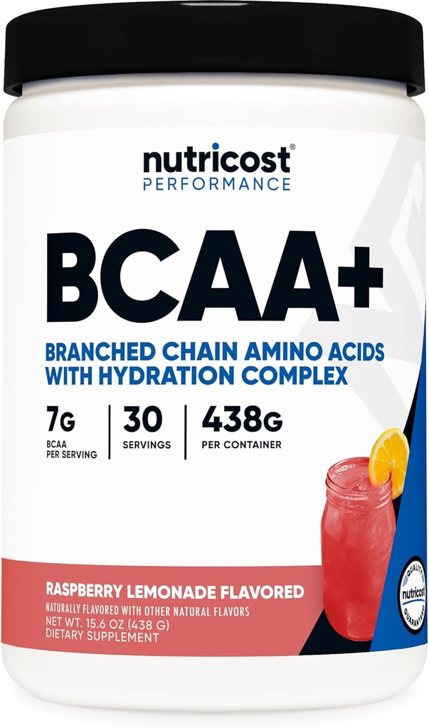 Nutricost BCAA + Polvo de hidratación (Raspberry Lemonade) 30 Serviciones - Aminoácidos de cadena ramificados con complejo de hidratación - Gluten-Free, Non-GMO