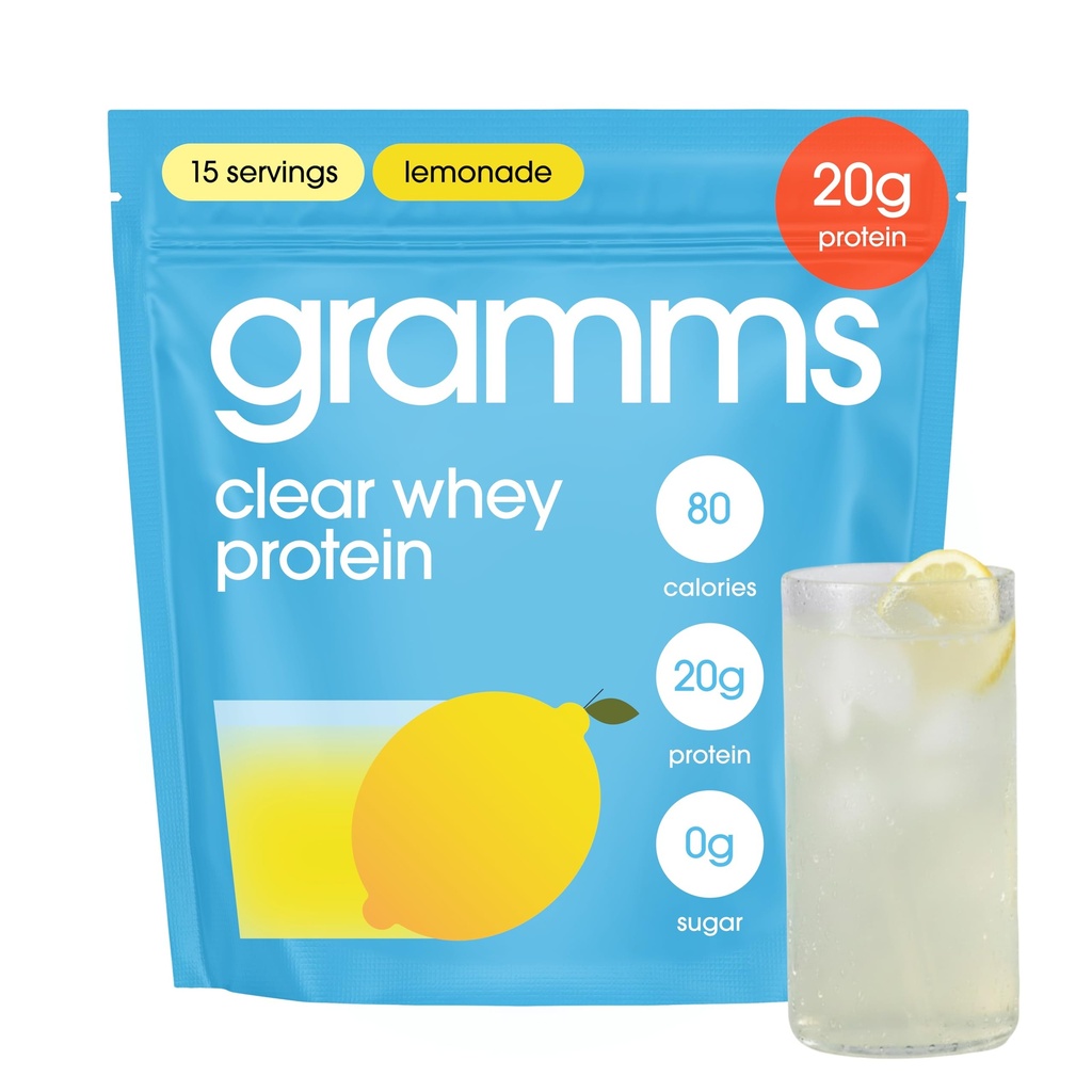 GRAMMS Clear Protein Powder, 20g Grass-Fed Whey Isolate, Zero Sugar, Zero Lactose (15 Pack, Lemonade)