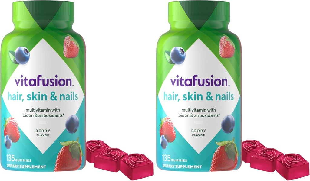 Vitafusion Gorgeous Hair, Skin & Nails Multivitamin Plus Biotina y Antioxidante Vitaminas C plagaE, Raspberry Flavor, 135ct (45 Day Supply), de la marca de vitaminas Gummy número uno de América (Pack of 2)