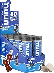 Nuun Sport + Caffeine Electrolyte Tablets - Dissolvable in Water, Kona Cola Flavor, 5 Electrolitos esenciales para la hidratación, 1g Sugar Drink Mix, Vegan, Non-GMO, 8 Pack (80 Total Servings)
