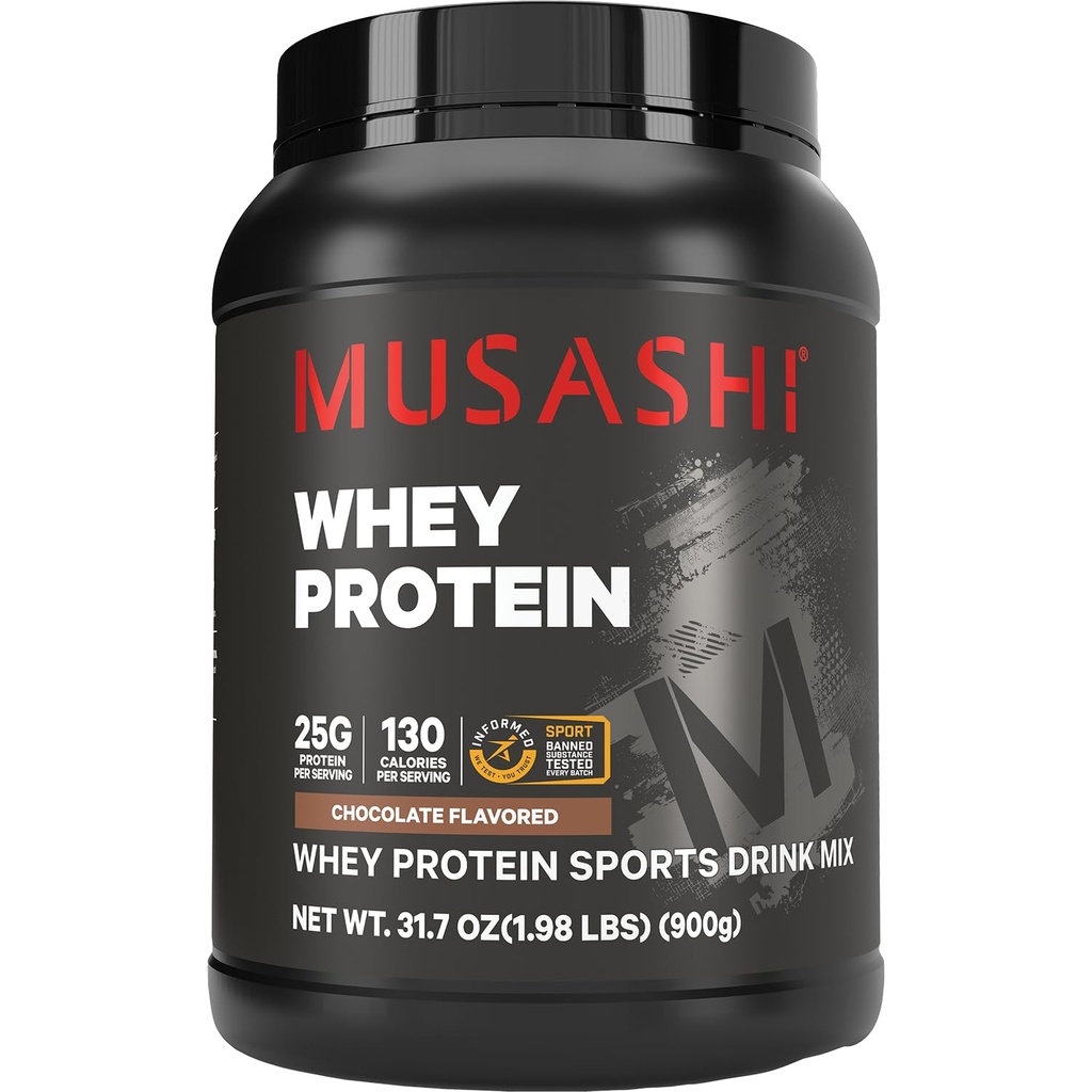 Musashi Whey Protein Powder, Chocolate, 900g (1.98 lb), WPC & WPI Blend, 25g Protein, 130 Calories per Serving