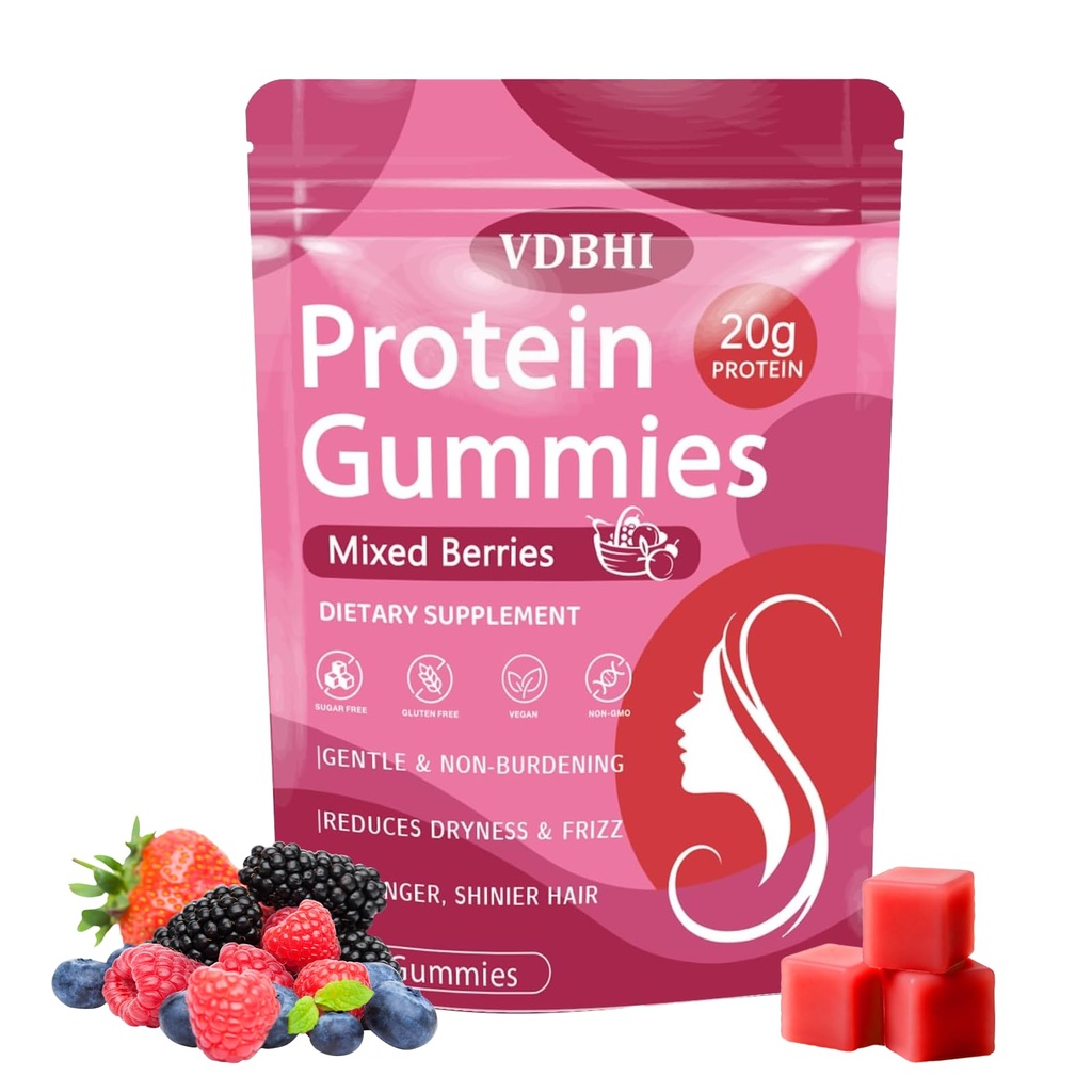 Protein Gummies for Women & Men, 20g Plant-Based Protein per Serving, Zero Sugar, Vegan Collagen Gummies, Mixed Berries Flavor, 60 Gummies (01)