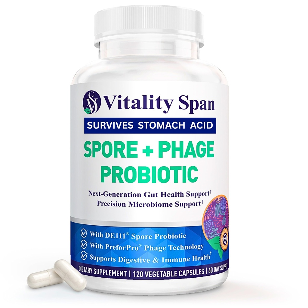 Spore Probiotic for Women & Men, Bacillus Subtilis Plus Advanced Phage – Probiotics for Digestive Health, Shelf-Stable, Survives Stomach Acid – 120 Delayed Release Capsules